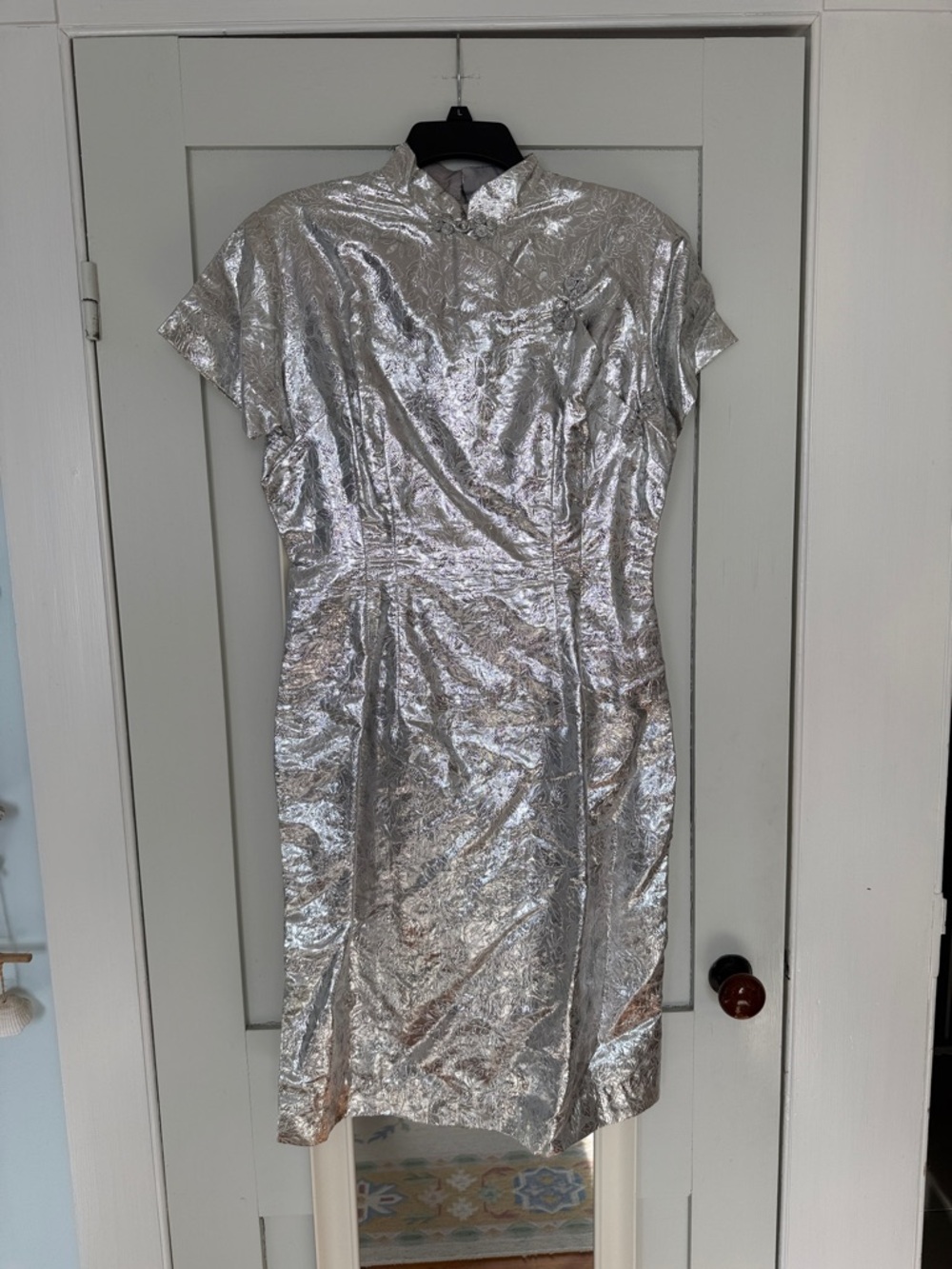 Vintage Metallic Silver Cheongsam-Style Women's Dress - Picture 3 of 15